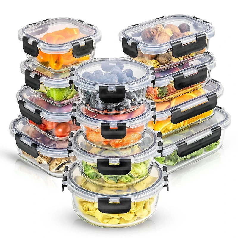 JoyFul by JoyJolt 24 Piece Glass Storage Containers with Leakproof Lids Set - Black
