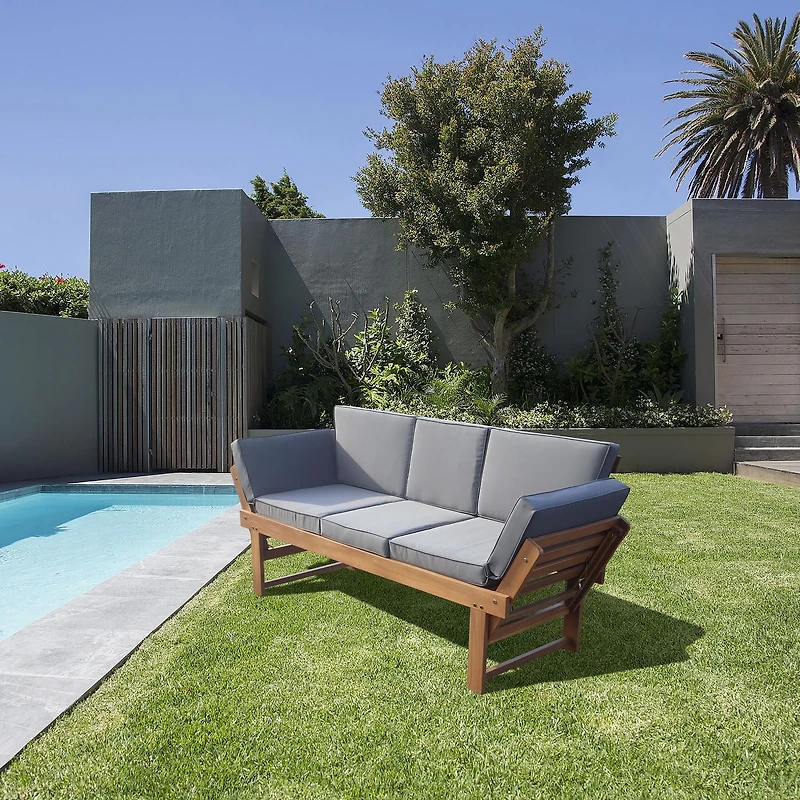 Deko Living Banc de patio/chaise longue d'extérieur en bois d'acacia avec table centrale rabattable et panneaux latéraux