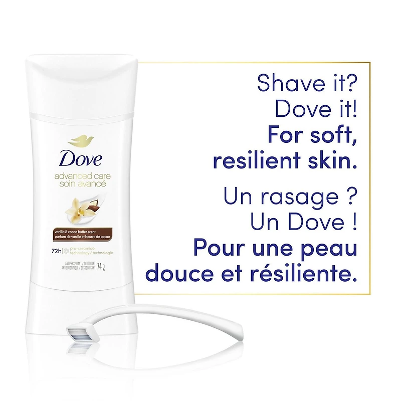 Dove Soin Avancé Désodorisant Antisudorifique Vanille et Beurre de Cacao, 74 g