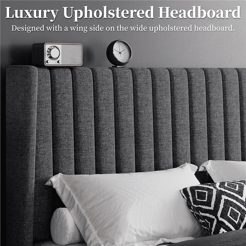 Fullfurnique Upholstered Bed Frame with Wing Side and Channel Headboard, Queen, Dark Gray