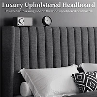 Fullfurnique Upholstered Bed Frame with Wing Side and Channel Headboard, Queen, Dark Gray