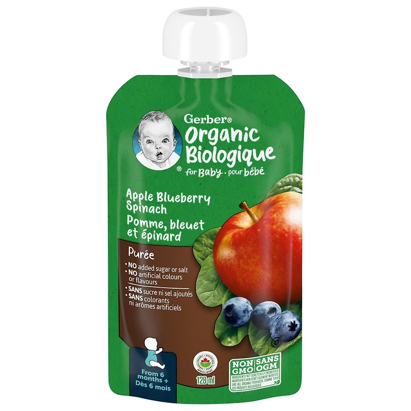 GERBER Organic Purée, Apple Blueberries Spinach, Baby Food, 128 mL