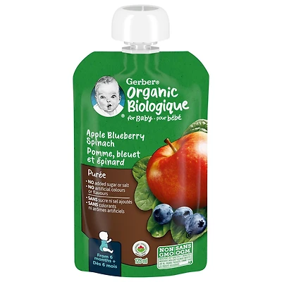 GERBER Organic Purée, Apple Blueberries Spinach, Baby Food, 128 mL