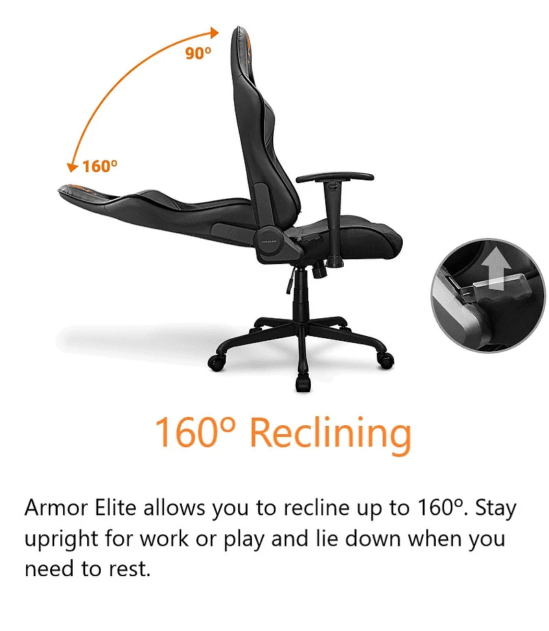 Chaise de gaming Cougar Armor Elite - Cuir PVC avec dossier inclinable jusqu'à 160º, accoudoirs 2D réglables et mécanisme d'inclinaison ajustable, coussins pour la tête et les lombaires