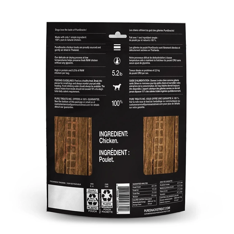 PureSnacks Gâteries pour Chien au Poulet Séché, 1 Ingrédient, 601g