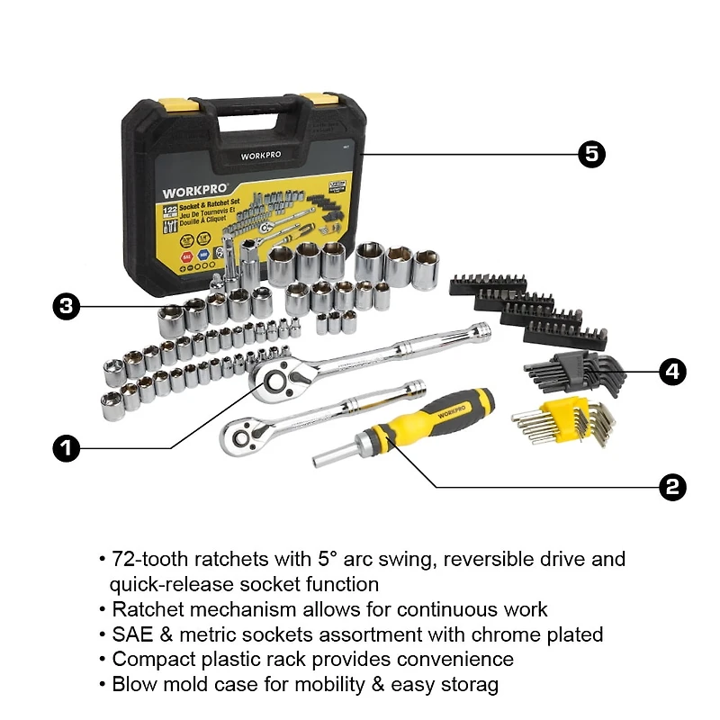 WorkPro Socket & Ratchet Set - 122 Piece