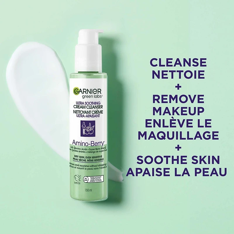 Garnier Green Labs Amino-Berry Crème nettoyante douce pour le visage hydrate et apaise la peau, 150 mL