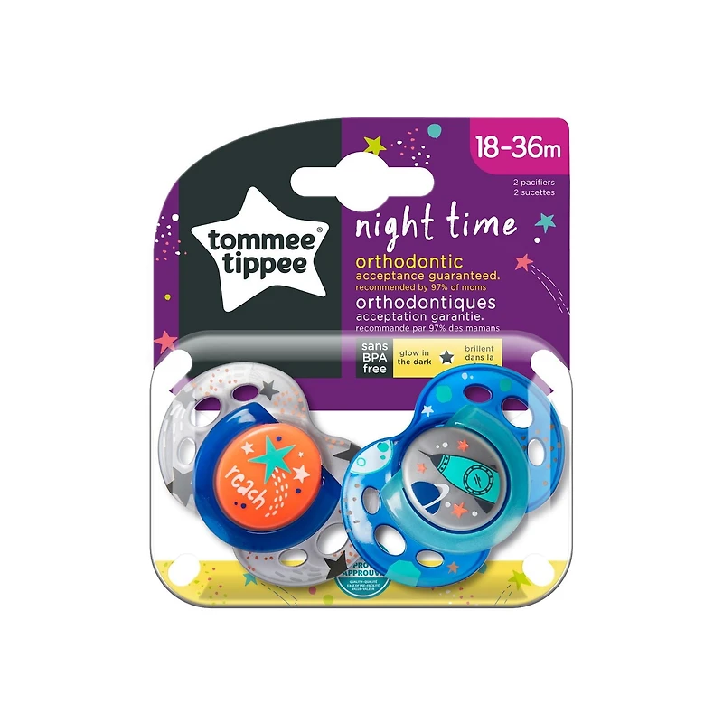 Tommee Tippee Closer to Nature Night Pacifier (Designs Will Vary), 18-36 months, 2 Count