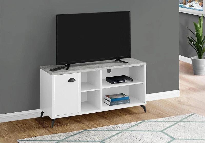 Monarch Specialties Meuble Tv, 48 Pouces, Console, Centre De Divertissement Média, Unite De Rangement, Salon, Chambre À Coucher, Stratifié, Métal, Gris, Blanc, Contemporain, Moderne