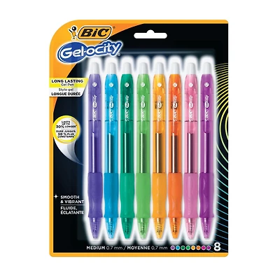 BIC Gel-ocity Original Retractable Gel Pen, Medium Point (0.7mm), Assorted, Comfortable, Contoured Grip, 8-Count. Smooth-writing, refillable retractable gel pen perfect for any occasion, Pack of 8