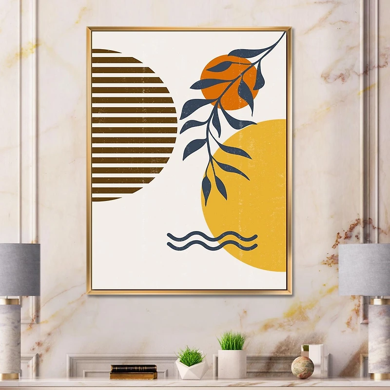 Designart Botanical Minimalist Leaf With Abstract Shapes I FLOAT FRAME WALL ART