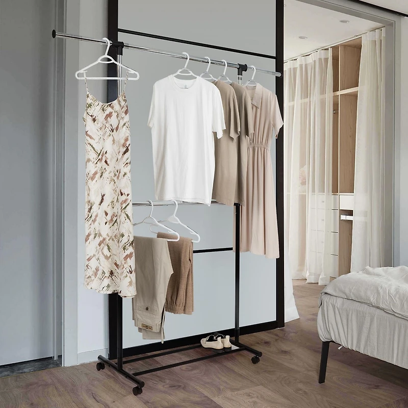 Mainstays 2 Tier Adjustable Garment Rack, Expandable Top Hanging Bar, Sturdy Structure and Easy Assemble, Smooth-rolling Wheels for Easy Mobility