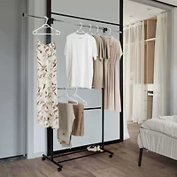 Mainstays 2 Tier Adjustable Garment Rack, Expandable Top Hanging Bar, Sturdy Structure and Easy Assemble, Smooth-rolling Wheels for Easy Mobility