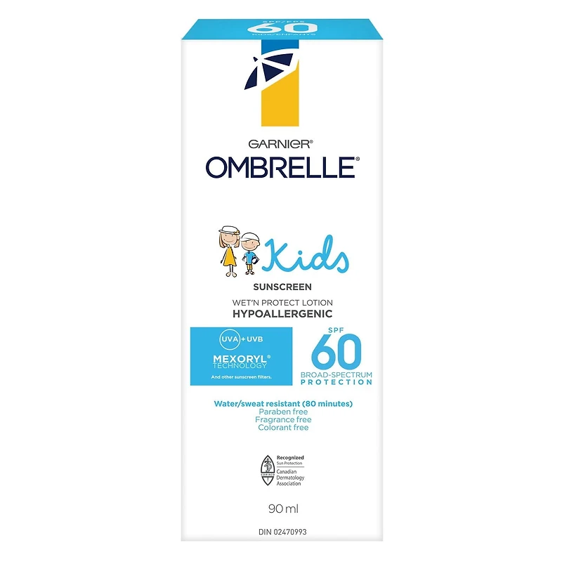 Garnier Ombrelle Écran solaire pour enfants FPS 60, formulé pour les peaux sensibles, non comédogène, hypoallergénique, sans parfum, haute protection à large spectre UVA/UVB, résistant à l'eau, 90 ml