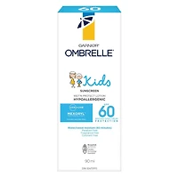 Garnier Ombrelle Écran solaire pour enfants FPS 60, formulé pour les peaux sensibles, non comédogène, hypoallergénique, sans parfum, haute protection à large spectre UVA/UVB, résistant à l'eau, 90 ml