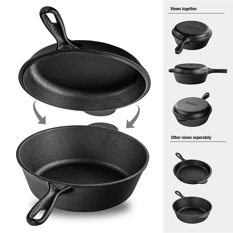 Granitestone Cast Iron 2-in-1 Cooker Set – Heavy Duty Pre-Seasoned 3 Qt Pan with 10” Skillet Lid