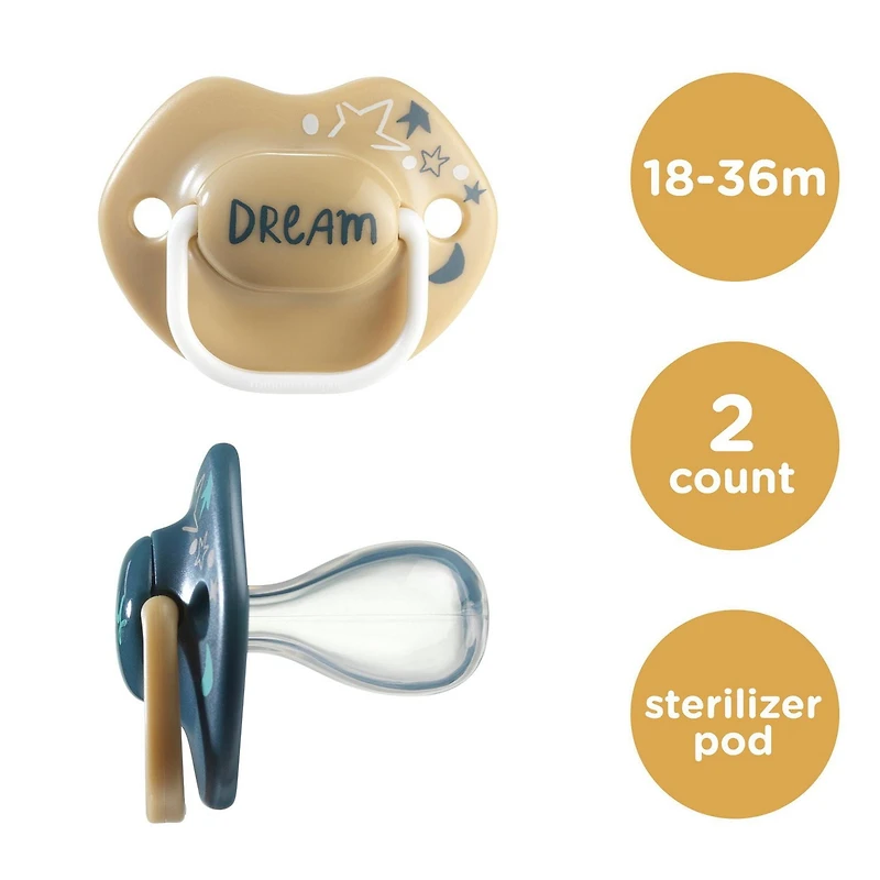 Tommee Tippee Moda Pacifiers, Symmetrical Design, BPA-Free Silicone Baglet, Includes Sterilizer Box, 18-36m, 2-Count, 18-36m