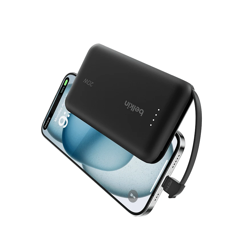 Belkin BoostCharge Portable Power Bank, 2.2in/5.7cm Integrated Cable 10,000mAh PD 20W Fast Charge USB-C Power Delivery, Portable iPhone Charger for iPhone 15 Series, iPad Pro, Galaxy S24 & More Black, BEL 10K 20W CABLE PWRBNK BLK