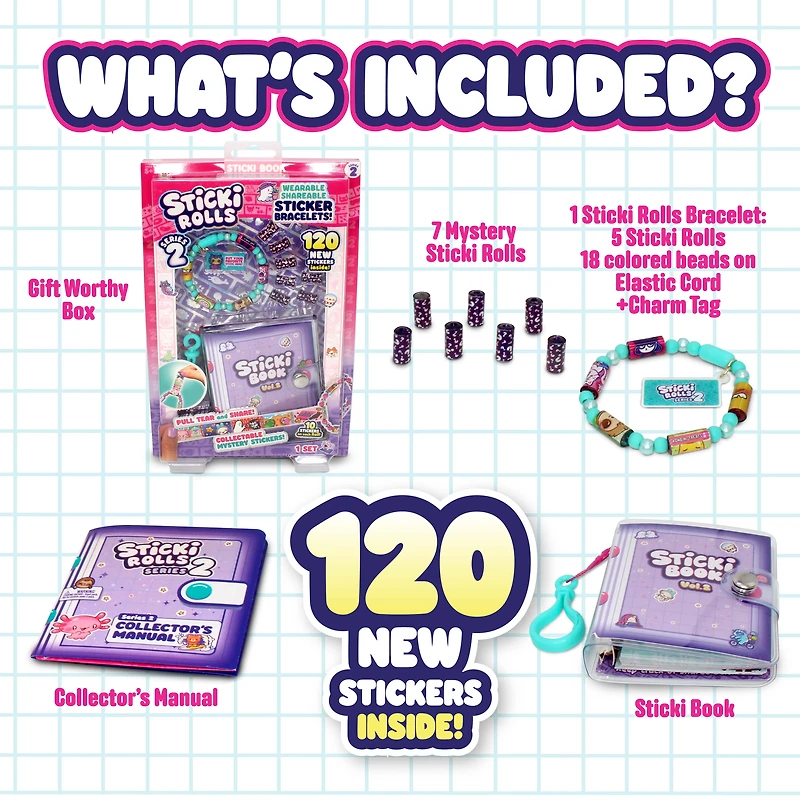 Sticki Rolls Sticki Book - Wearable & Shareable Sticker Bracelet + Collection Book - 120 Mini Stickers - 50 Activity Pages - 1000+ Sticker Designs