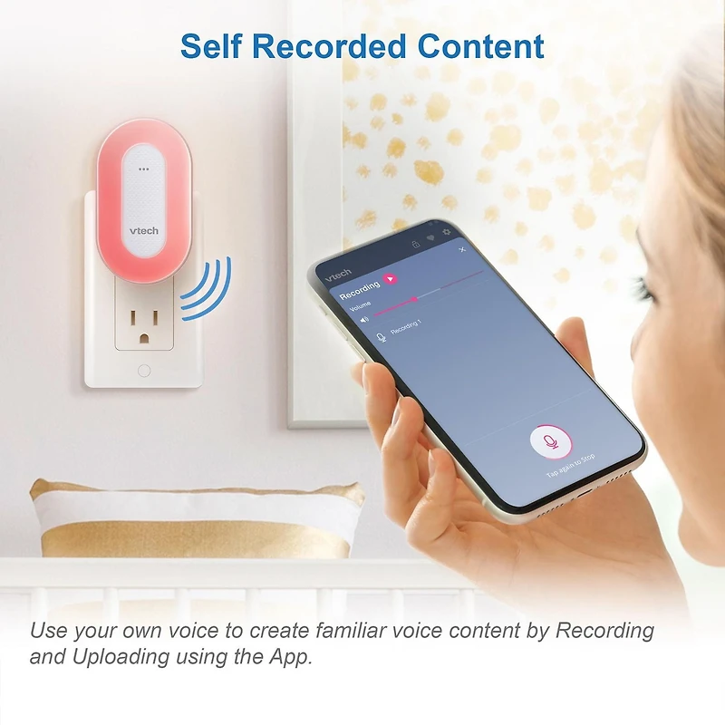 Le haut-parleur Bluetooth dispositif d’apprentissage du sommeil V-Hush Plug de VTech comprend un programme professionnel d'apprentissage du sommeil, une veilleuse colorée à une touche, des histoires p