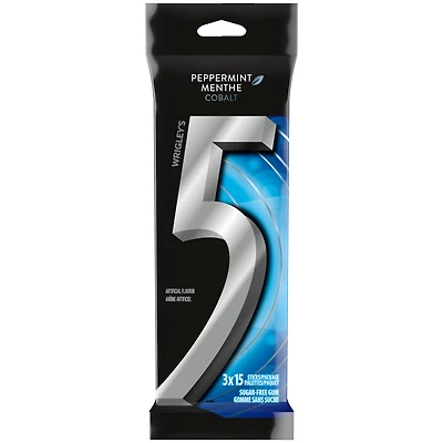 5 GUM, Peppermint-Cobalt Flavoured Sugar Free Chewing Gum, 15 Sticks, 3Packs, 3 Pack, 15Sticks