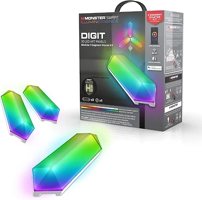 Monster Digit – Kit de Démarrage de Panneaux LED 3D, 3 Panneaux Modulaires, Éclairage Intelligent Wi-Fi, RGB, Commande Vocale, Réactif au Son – MLB7-1035-CAN