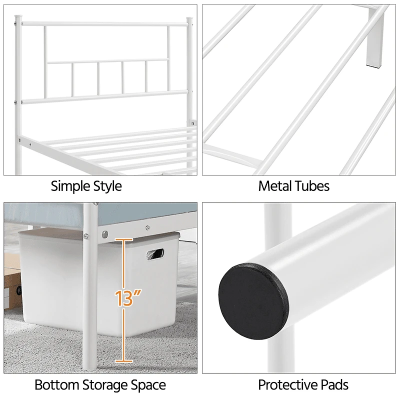 Fullfurnique Metal Platform Bed Frame with Headboard and Footboard, Twin, White