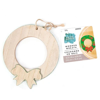 On the Surface Wooden Wreath with Green Glitter Edges, Ornament or Gift Tag with Hanging Jute Cord
