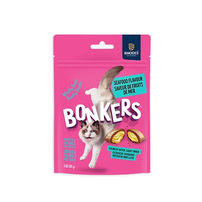 BONKERS Cat Bites, Seafood & Eat It! Flavor, Crunchy & Soft Cat Snacks, Treats for Cats, 3 oz Bag, 85g
