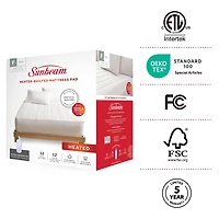 Sunbeam Quilted Electric Heated Mattress Pad 12 Heat Settings Auto Shut-Off Fast Heating White Full 54 x 75