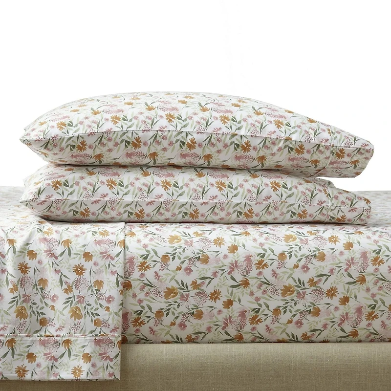 Parure de lit 4 pièces en satin de coton chaud 300 fils Better Homes & Gardens, motif fleurs timides, très grand lit Ensemble de draps en satin de coton 300 fils