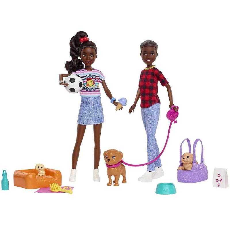 Coffret de jeu ​Barbie: It Takes Two avec poupées des jumeaux Jackson et Jayla et 13 éléments de création d’histoires incluant 3 chiots de compagnie et des accessoires