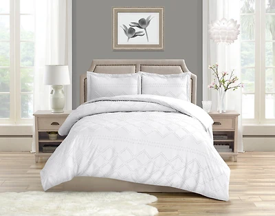 Ensemble de housse de couette à texture douce à motif losange Swift Home, literie toutes saisons avec fermeture éclair, avec taies d’oreiller, grand lit/double, blanc