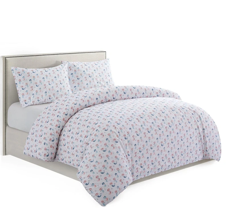 Marina Decoration Kids Girls Toddlers Cute Printed 600 Thread Count Soft Cotton Blend Percale Duvet Cover Fitted Sheet Ensemble Bedding Set, Cartoon Mermaid Pattern