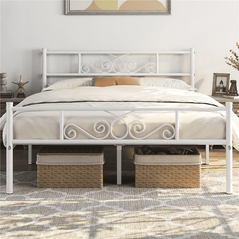 Fullfurnique Metal Platform Bed Frame with Scroll Headboard and Footboard, Twin, White