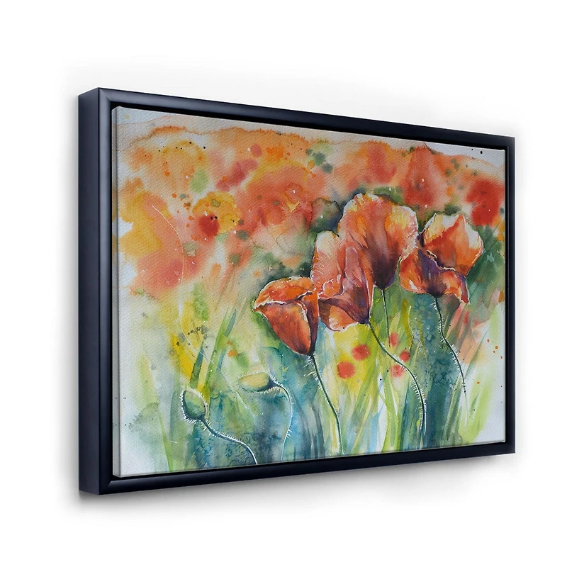 Designart Red Blossoming Poppies V FLOAT FRAME WALL ART