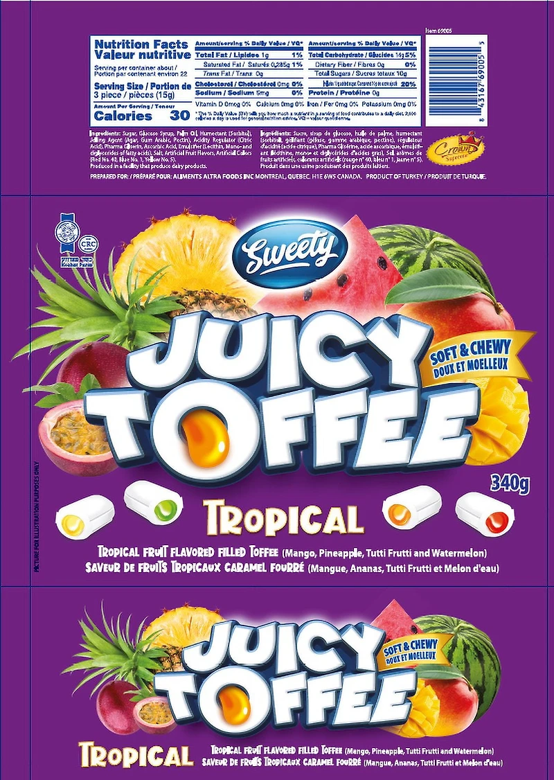 Sweety Toffees Cream Filled Tropical 25pk 340g, Toffees Cream Filled Tropical 25pk