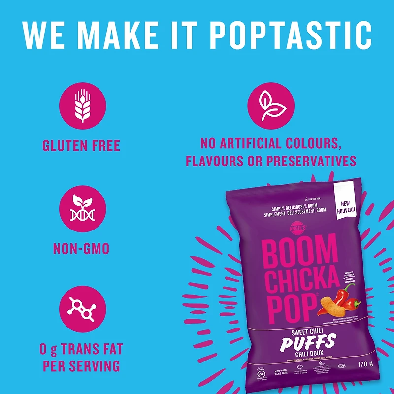 Angie’s BOOMCHICKAPOP® Gluten-Free, Non GMO, Sweet Chili Puffs, 170 g, A gluten free, Non GMO baked corn snack puffed in Canada.
