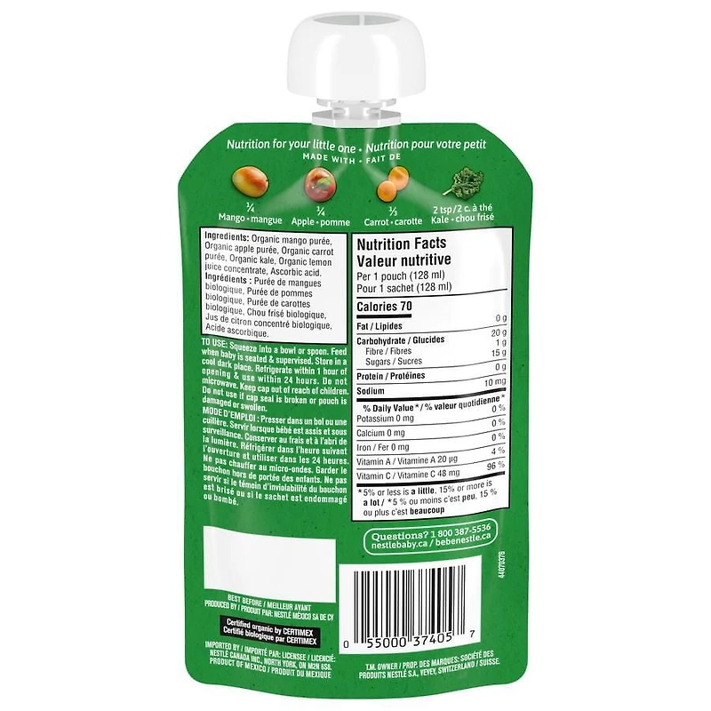 Purée GERBER® Biolog. Mangue Pomme Carotte Chou Frisé, alim. bébé 128 mL