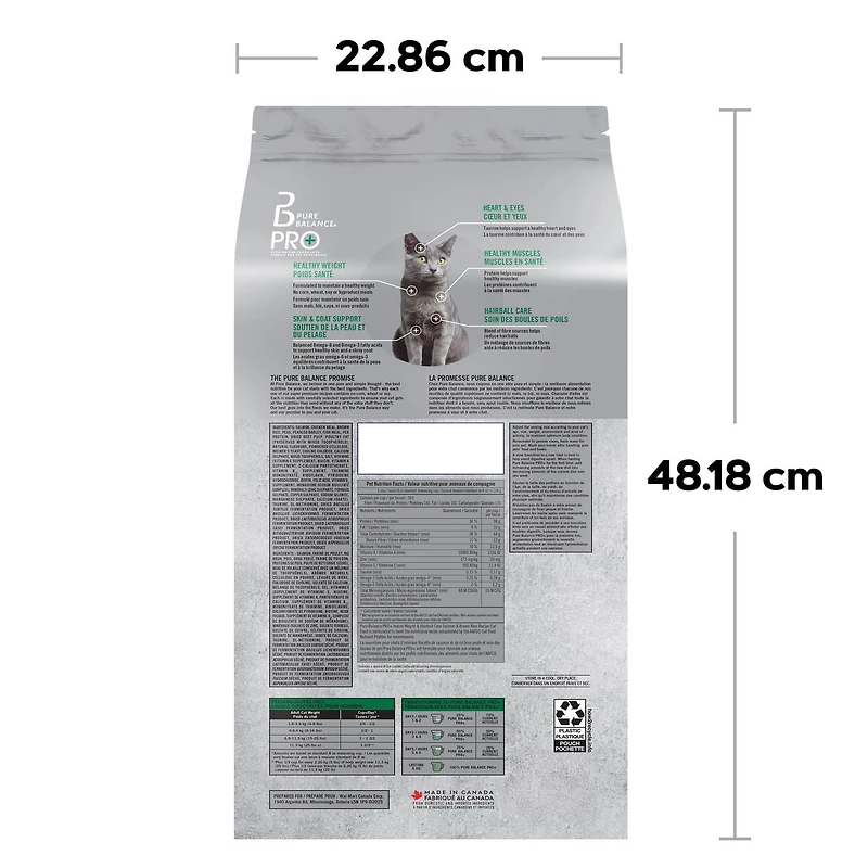 Pure Balance Pro+ Chat d’Intérieur Soin du Poids et Boules de Poils Recette Saumon et Riz Brun Nourriture sèche pour chat
