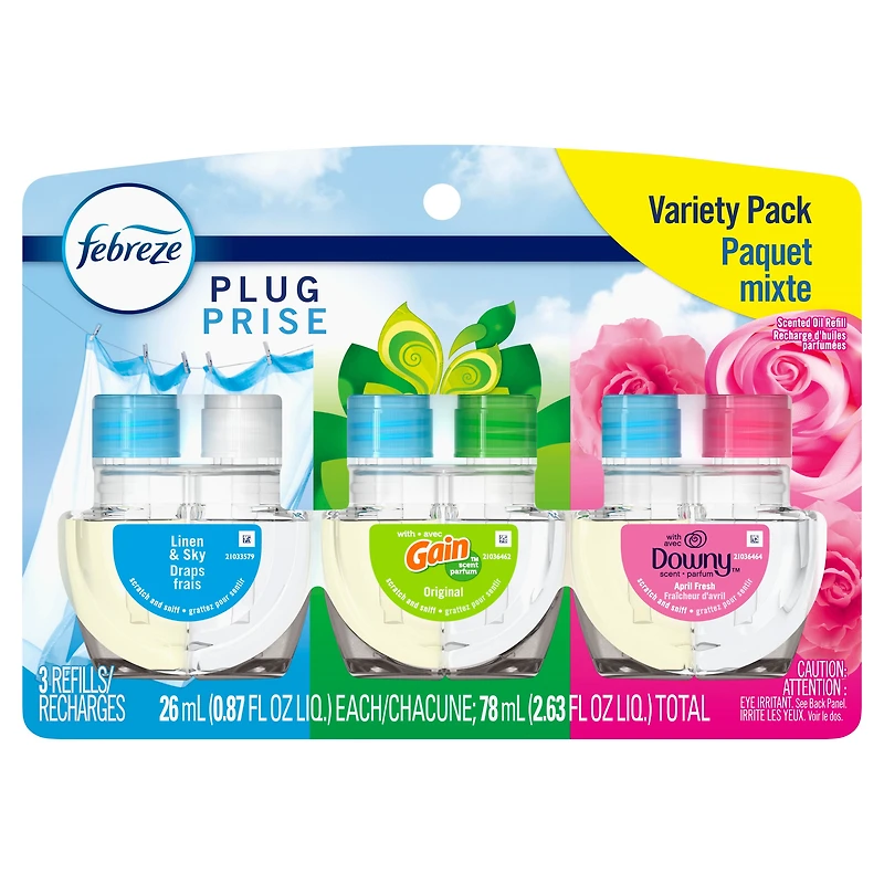 Assainisseur d’air Febreze Prise, recharge d’huile parfumée qui combat les odeurs, mélange de base, 3 recharges 77.7ML