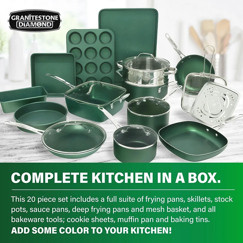 Granitestone Diamond 20 Piece Nonstick Emerald Aluminum Pots and Pans Cookware & Bakeware Kitchen Set