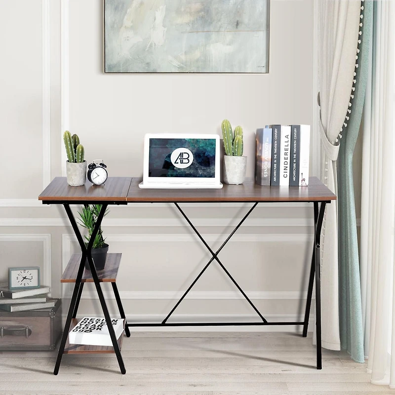 Homylin Home Office Computer Desk Writing Study Workstation with 2 Tier Storage Shelves, Industrial Style Wood Table and Metal Frame, Rustic Brown