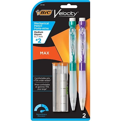 Porte-mine noir Velocity Max de BIC pour écriture sombre et fluide qui s’efface proprement, , mine n° 2, pointe moyenne (0,7 mm), paquet de 2 Paquet de 2