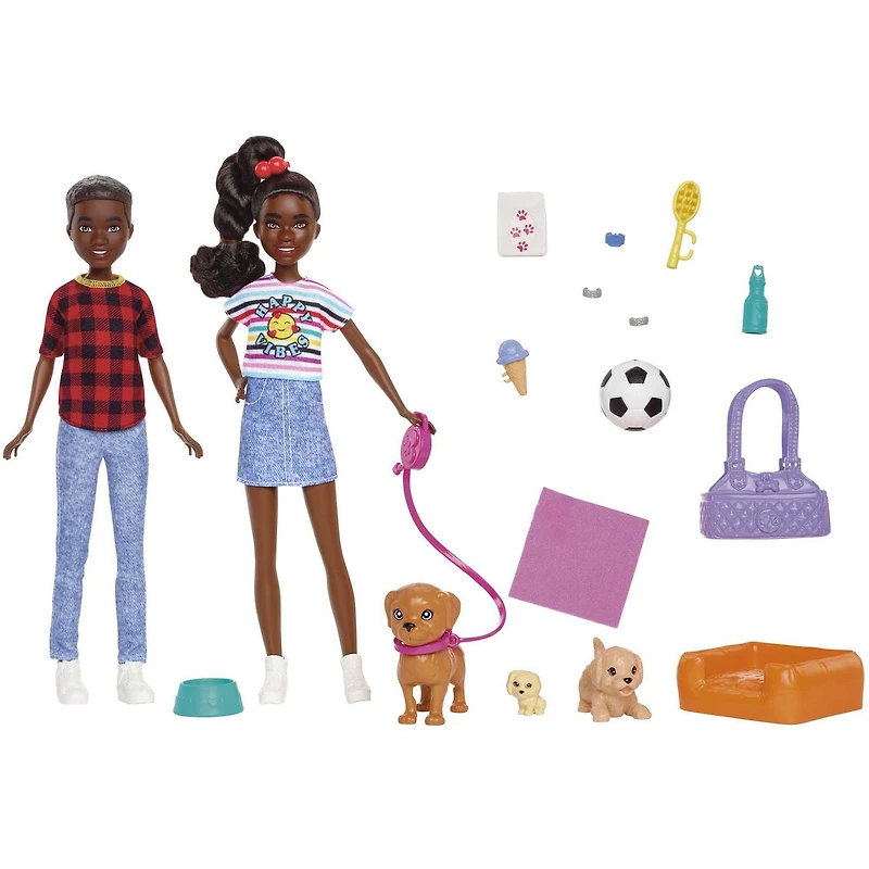Coffret de jeu ​Barbie: It Takes Two avec poupées des jumeaux Jackson et Jayla et 13 éléments de création d’histoires incluant 3 chiots de compagnie et des accessoires