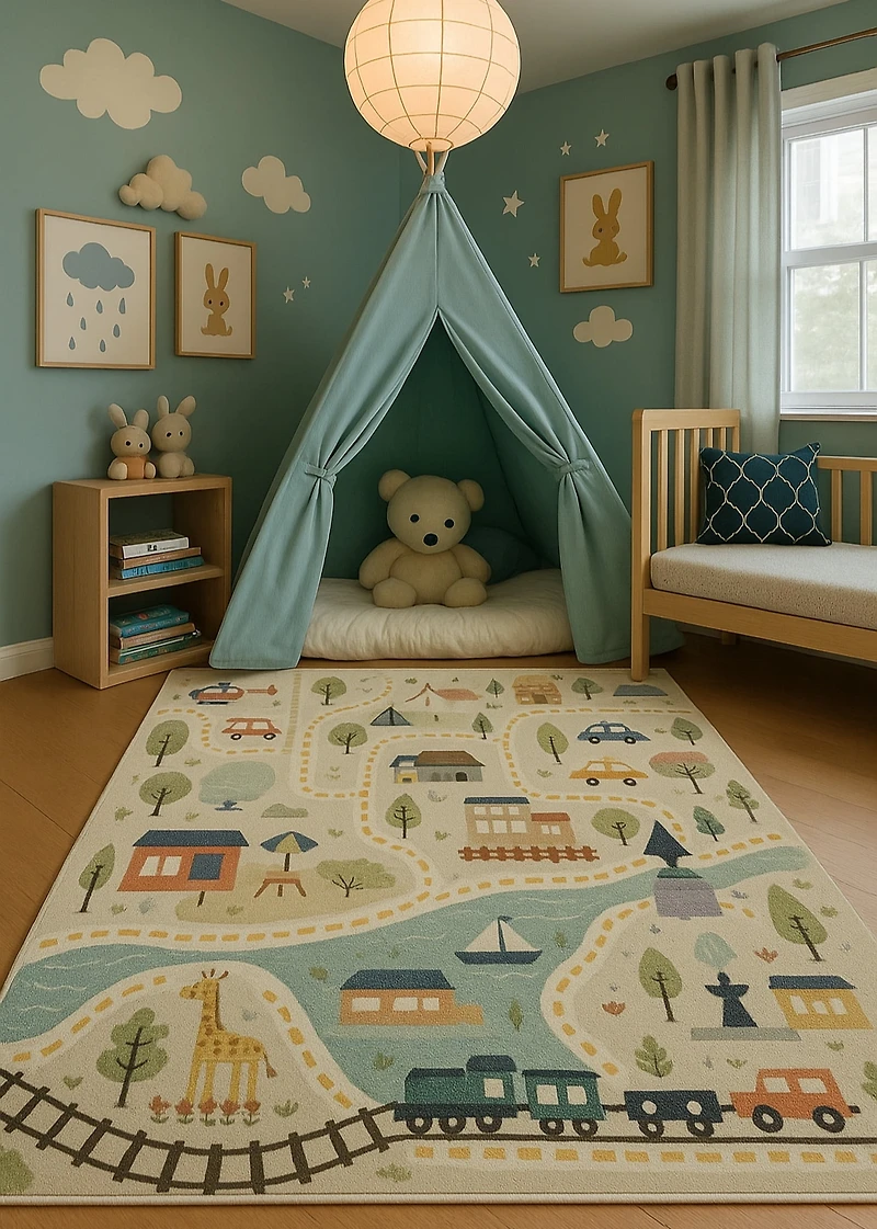 Rug Branch Soft Steps Playtime City Road Map, Tapis d'apprentissage educatif doux, Bleu Gris - Garcons et filles dans la salle de jeux, la creche, la chambre a coucher