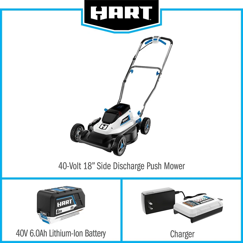 HART Ensemble de tondeuse à pousser sans fil 40 V de 18 po, (1) bloc-pile au lithium-ion de 6 Ah, (1) chargeur de bloc-pile