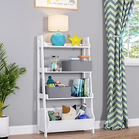 Kids 4-Tier 24in Ladder Shelf with Toy Organizer and 2pc Gray Bins