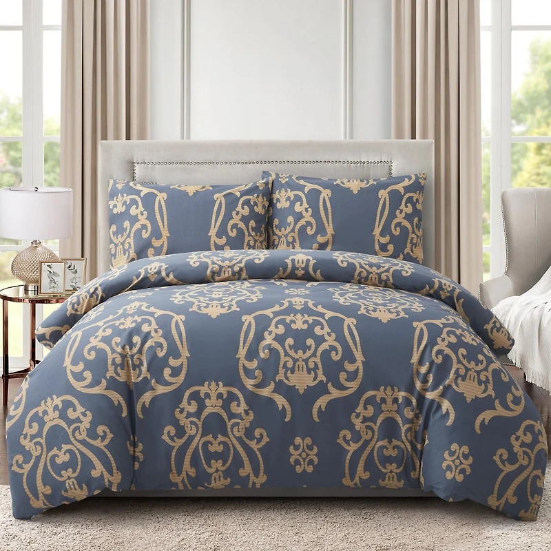 Marina Decoration Soft Silky Rich Printed Rayon from Bamboo All Season Duvet Cover Fitted Sheet Ensemble Bedding Set with Zipper and Corner Tie, Gold Damask Navy Blue Pattern