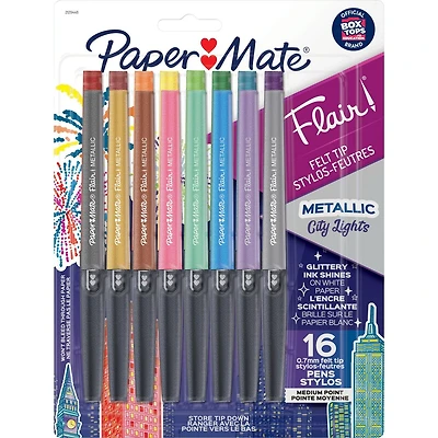 Paper Mate Flair Pens, Metallic Felt Tip Pens, City Lights, Glittery Ink Shines on White Paper, Assorted Colours, 16 Count